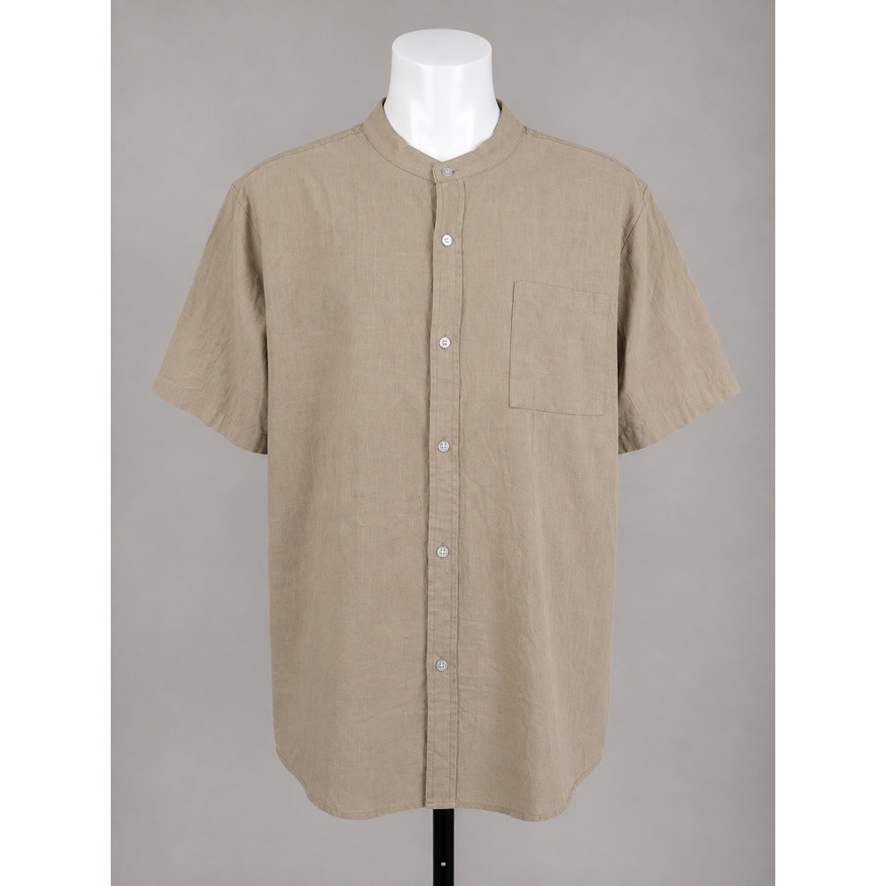 Ouku Mens Mandarin Collar Shirt Tan Khaki Cotton Linen Short Sleeve Large NEW